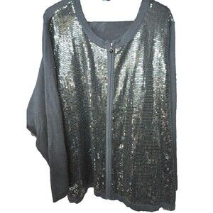 Quacker Factory Black Sequin Cardigan Zip Jacket Plus 3X Holiday Party Sweater